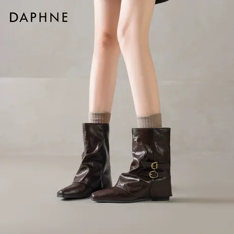 达芙妮棕色马丁靴女2026新款秋冬季加绒美拉德内增高尖头骑士短靴商品大图