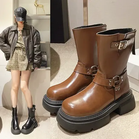 时尚韩式机车厚底西部牛仔靴子女2023新款秋季粗跟小个子马丁短靴商品大图