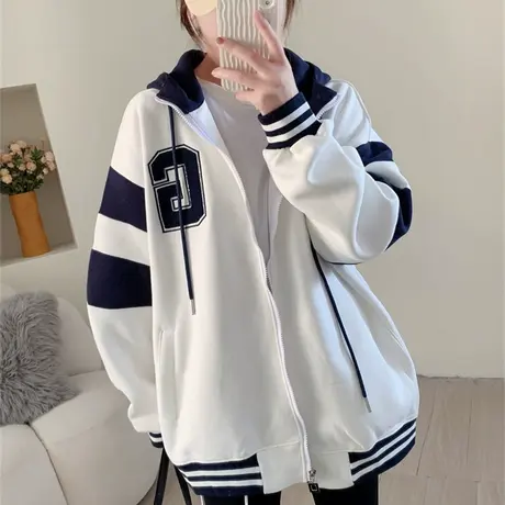 学院风休闲连帽卫衣外套女少秋冬2023新款韩版宽松百搭棒球服上衣商品大图