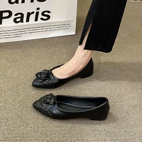 法式平底黑色鞋子女2023新款秋季女鞋花朵气质单鞋女小皮鞋工作鞋商品大图