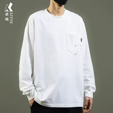 希越白色纯棉重磅男士纯色圆领长袖T恤秋冬内搭打底衫宽松大码t恤商品大图