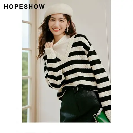 【直播专享】条纹直身假两件立领套头针织衫90122450107红袖图片