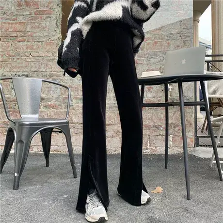 微喇西装裤女秋季黑色前开叉阔腿裤高腰显瘦垂感拖地马蹄喇叭裤子图片