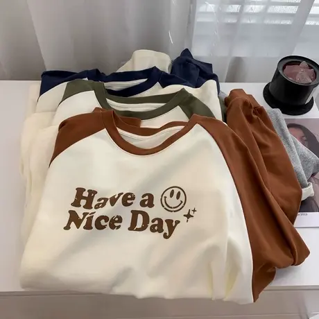 2023新款撞色内搭打底衫女春秋季纯棉插肩长袖T恤宽松韩版上衣服图片