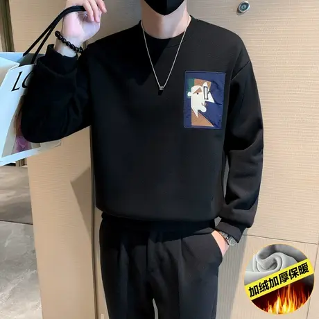 秋冬季加绒卫衣男潮牌痞帅男装上衣2022新款个性休闲内搭长袖T恤商品大图
