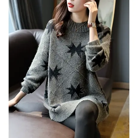 宝诗黎秋季圆领烫钻宽松慵懒毛衣女打底2023气质中长款软糯针织衫商品大图