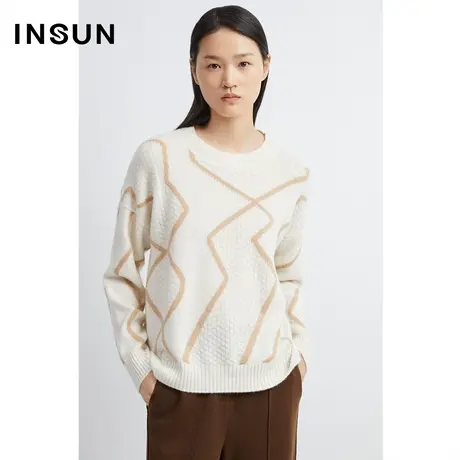 恩裳商场同款2022年冬季格子嵌花肌理阿拉善白羊绒羊毛针织衫商品大图