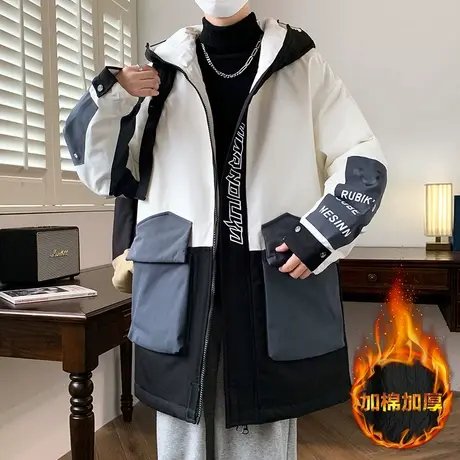 拼接撞色棉衣男秋冬季新款加厚保暖中长款棉袄青少年潮牌连帽棉服商品大图