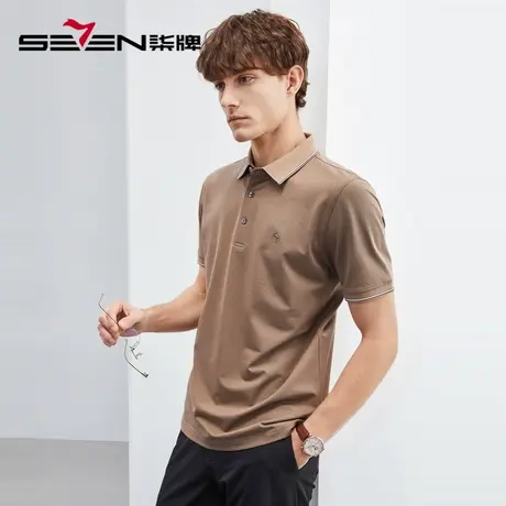 【含桑蚕丝】柒牌polo衫男短袖夏季薄款时尚格纹提花翻领T恤上衣商品大图