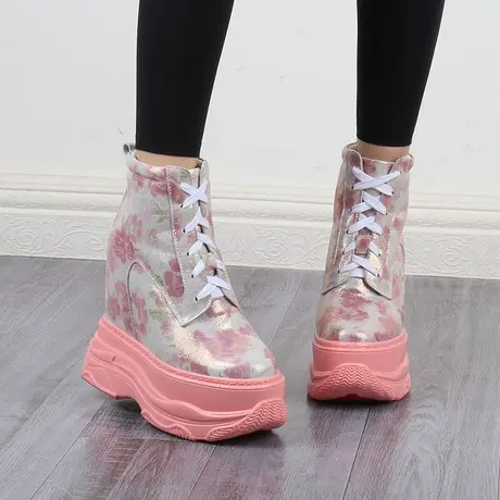 14CM内增高老爹鞋女小个子2023新款碎花真皮运动休闲鞋厚底松糕鞋图片