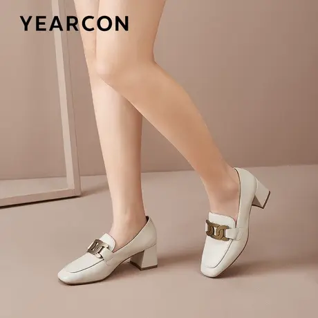 意尔康2024新款真皮一脚蹬乐福鞋女方头金属扣英伦小皮鞋粗跟单鞋商品大图