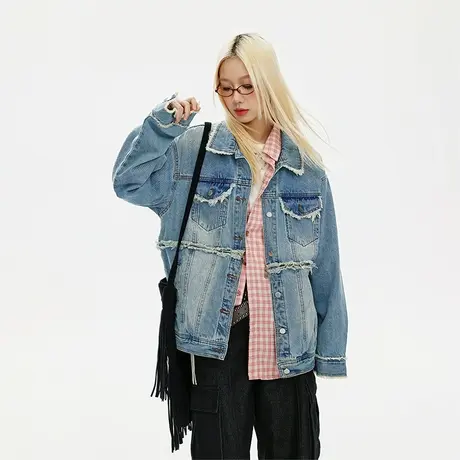 美式复古牛仔外套女春秋2023年新款毛边短款辣妹风可拆卸夹克上衣商品大图