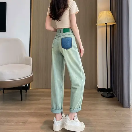 复古窄版阔腿牛仔裤女春秋新款做旧小个子高腰直筒宽松男友老爹裤商品大图