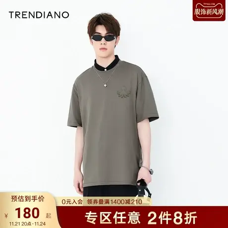 TRENDIANO短袖美式t恤夏季新款重磅白色男装圆领纯色纯棉上衣潮商品大图