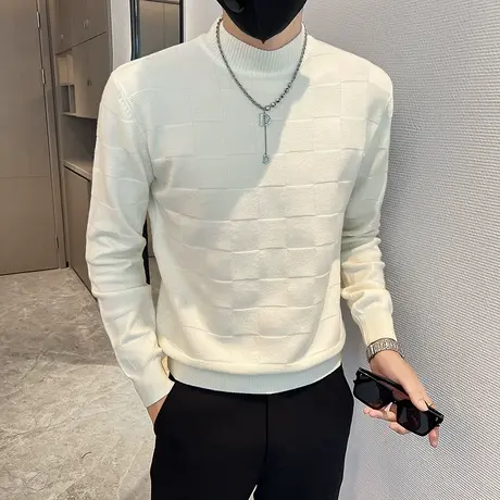 秋冬新款ins潮牌纯色格子轻熟风毛衣男半高领修身内搭针织衫线衣商品大图