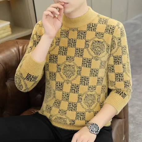 软糯毛衣男士秋冬季加厚水貂绒半高领打底针织衫男装保暖提花上衣商品大图