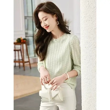 时尚气质淑女长袖衬衫2023年春季新款温柔甜美显瘦圆领通勤上衣图片