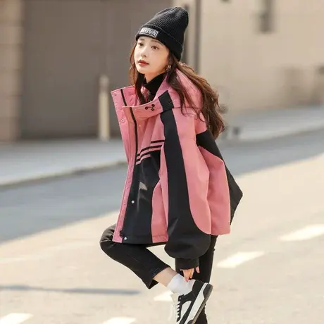 时尚气质加绒休闲工装风外套女士2023年冬季新款百搭连帽夹克上衣商品大图