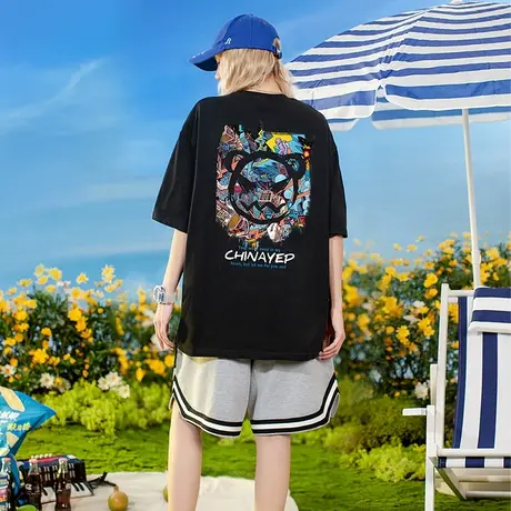 YEP国潮黑色短袖T恤女设计感小众上衣宽松oversize夏季纯棉体恤图片