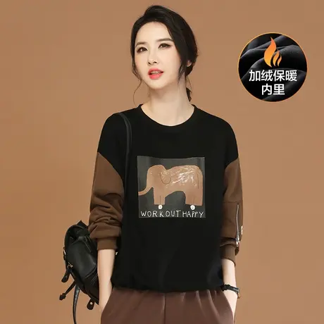 韩潮袭人圆领印花加绒保暖卫衣女冬季新款宽松设计感拼接上衣商品大图