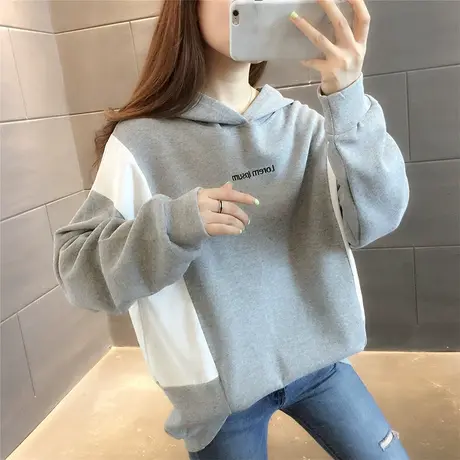 2023秋季新款韩版宽松中长款拼接卫衣女连帽休闲百搭刺绣网红外套商品大图