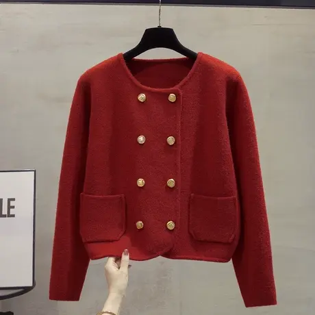 圆领小香风针织开衫女2023秋装新款宽松外穿上衣外搭厚毛衣外套潮图片