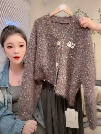 复古彩点毛衣外套女2023新款慵懒风宽松显瘦V领百搭针织开衫上衣商品大图