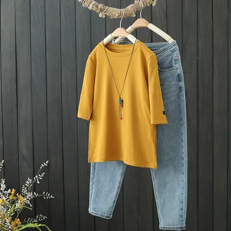 春季新款文艺纯色圆领五分中袖弹力打底衫女装修身上衣短款t恤衫商品大图