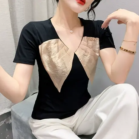 设计感蝴蝶结上衣女2024夏装新款洋气网红V领T恤时尚修身短袖小衫商品大图