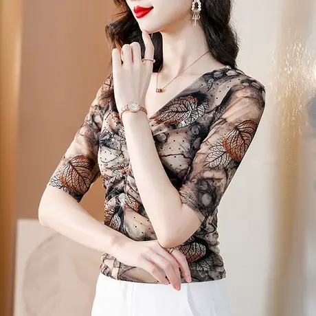 印花网纱五分袖T恤女2024夏季新款性感V领小衫气质减龄漂亮上衣服商品大图