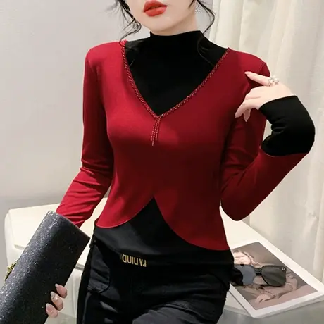 秋冬新款T恤女长袖加绒加厚撞色减龄打底衫时尚欧货烫钻拼接上衣商品大图