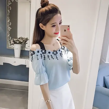 夏装2023新款韩版甜美一字肩露肩短袖t恤女宽松遮肚子雪纺上衣服商品大图