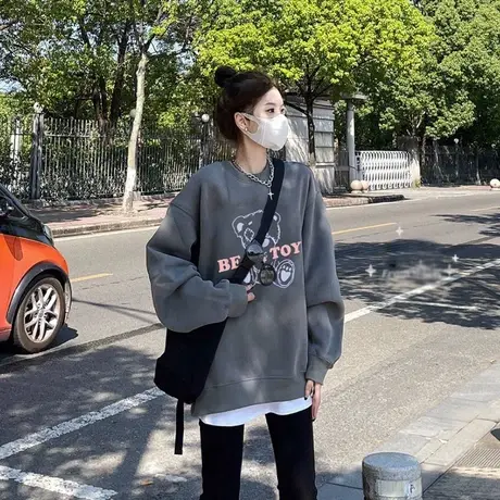 灰色纯棉卫衣女无帽2024新款爆款设计感小众时尚减龄小个子上衣服图片