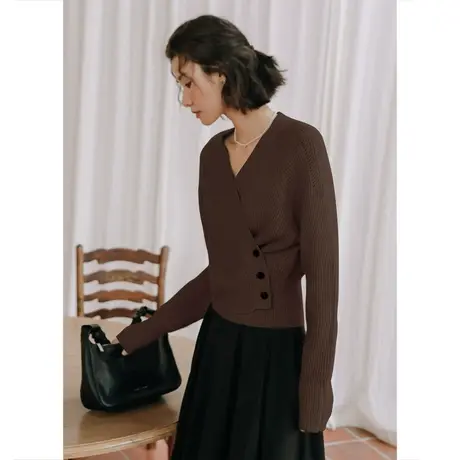 弥古v领毛衣慵懒高级感女士秋冬长袖v领针织衫设计感小众收腰上衣商品大图