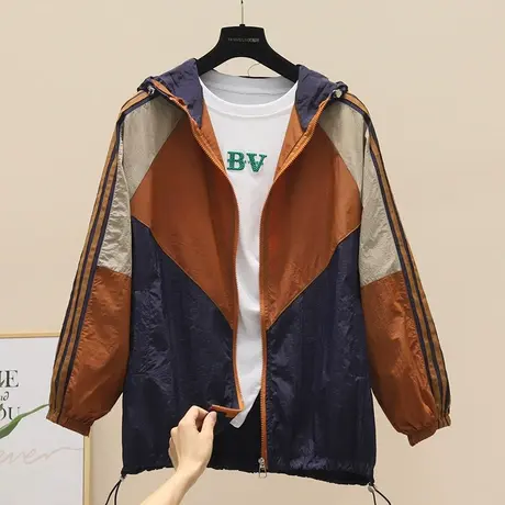 欧货连帽外套防晒衣女撞色拼接立领拉链开衫冲锋衣夏季薄款防晒服图片