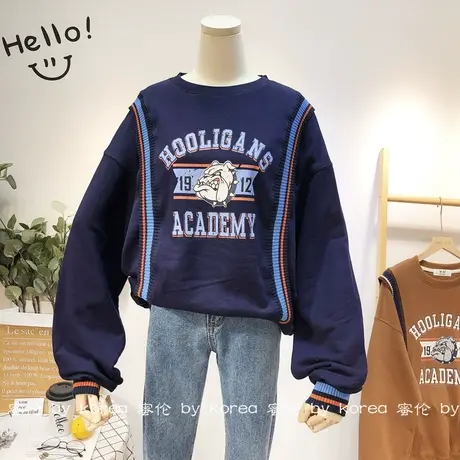 2020秋韩国东大门假两件套装卫衣洋气休闲针织螺纹荷叶边卫衣宽松图片