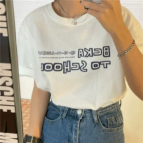 ulzzang字母百搭港风ins闺蜜装纯棉短袖T恤女上衣慵懒风新款夏装图片