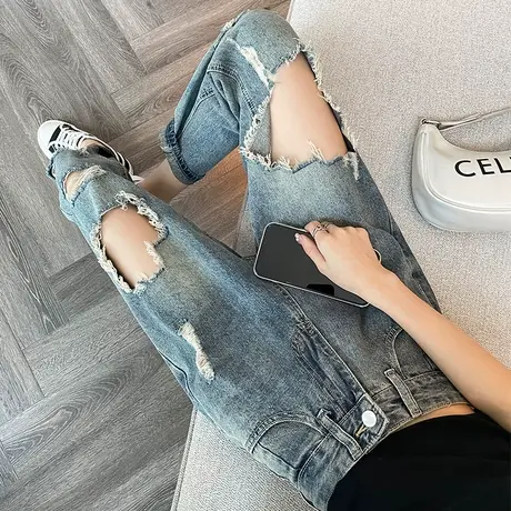 破洞直筒哈伦牛仔裤女春秋乞丐裤高腰显瘦小个子卷边九分老爹裤潮图片