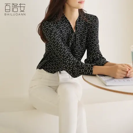 百洛安长袖飘带衬衫女士秋季新款宽松垂感印花小衫气质OL职业衬衣商品大图