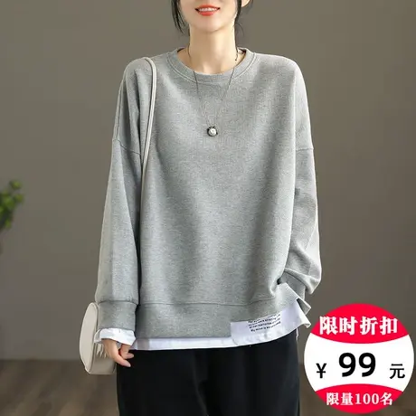 dza 假两件圆领套头女士卫衣春秋休闲上衣2022年百搭宽松长袖外套图片