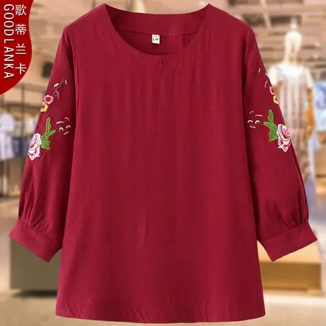 大码中老年女装夏季小衫上衣宽松遮肚洋气妈妈刺绣棉麻五分袖T恤商品大图