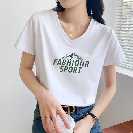 2022夏季新品短袖t恤女纯棉韩版V领宽松百搭桃心领半袖上衣体恤衫图片