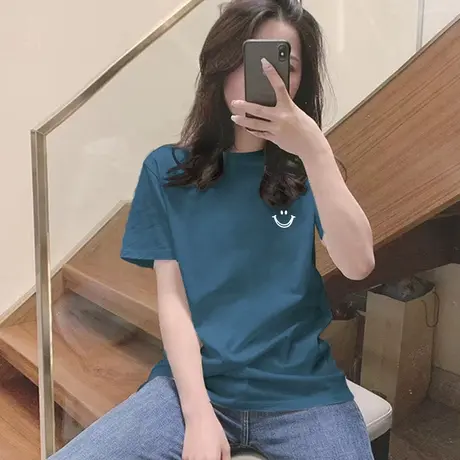 短袖t恤女纯棉夏装基础款笑脸T大码女装潮牌体恤小众设计感上衣潮图片