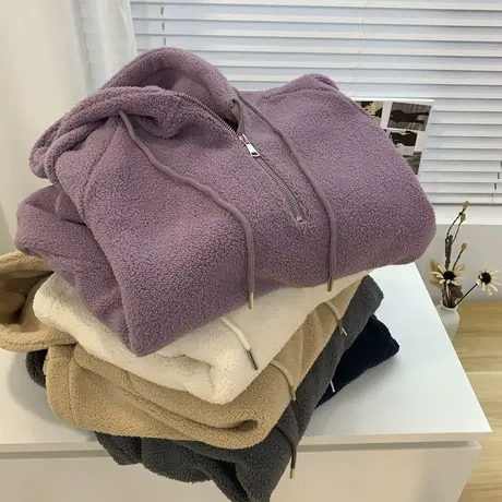 颗粒绒半拉链连帽卫衣加厚羊羔毛外套女22冬季宽松显瘦插肩袖上衣商品大图