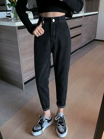 清仓捡漏外贸牛仔裤女春秋新款高腰显瘦直筒宽松哈伦老爹裤子图片