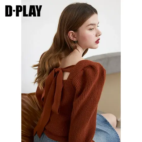 DPLAY德帕拉焦糖色复古方领针织衫时尚减龄后背蝴蝶结小心机毛衣商品大图