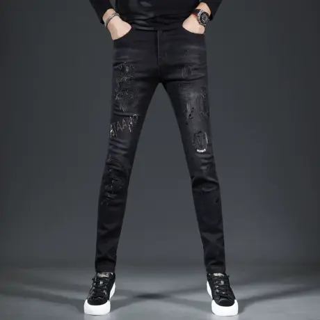 黑色潮牌烫钻牛仔裤男款2023新款秋季修身小脚裤潮流刺绣男士裤子商品大图