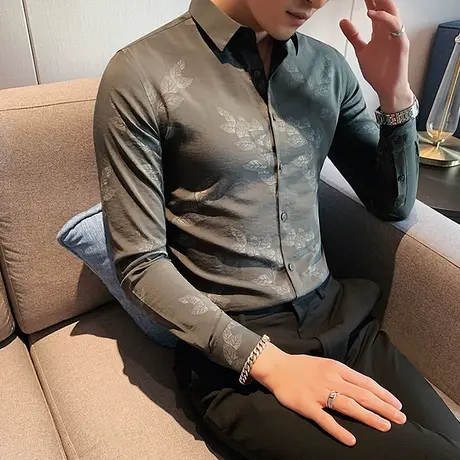 英伦风印花衬衫男长袖春夏2023年网红质感垂滑商务休闲痞帅寸衣潮图片