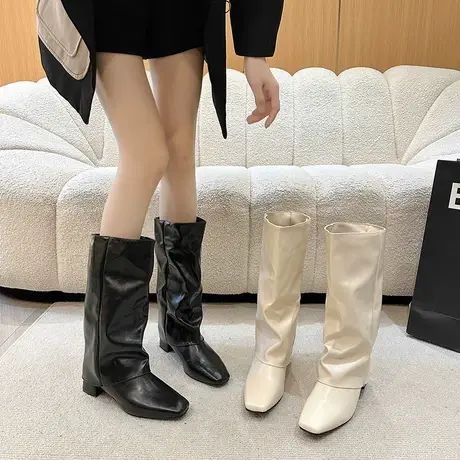 永希粗跟裤管靴女2023年新款秋季高跟方头辣妹高筒靴时尚炸街长靴图片