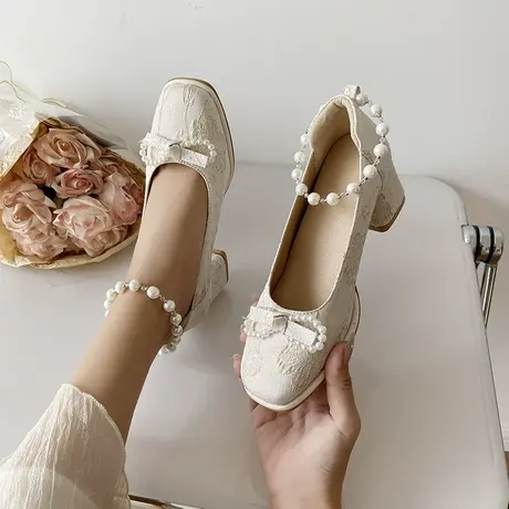 玛丽珍鞋女2024新款秋季粗跟浅口单鞋女鞋配裙子旗袍汉服高跟鞋子图片